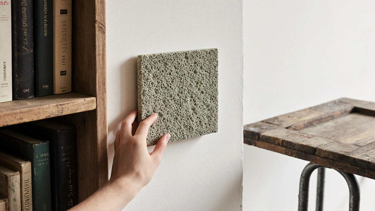 Ruka klade myceliový akustický panel na zeď vedle regálu z knih.