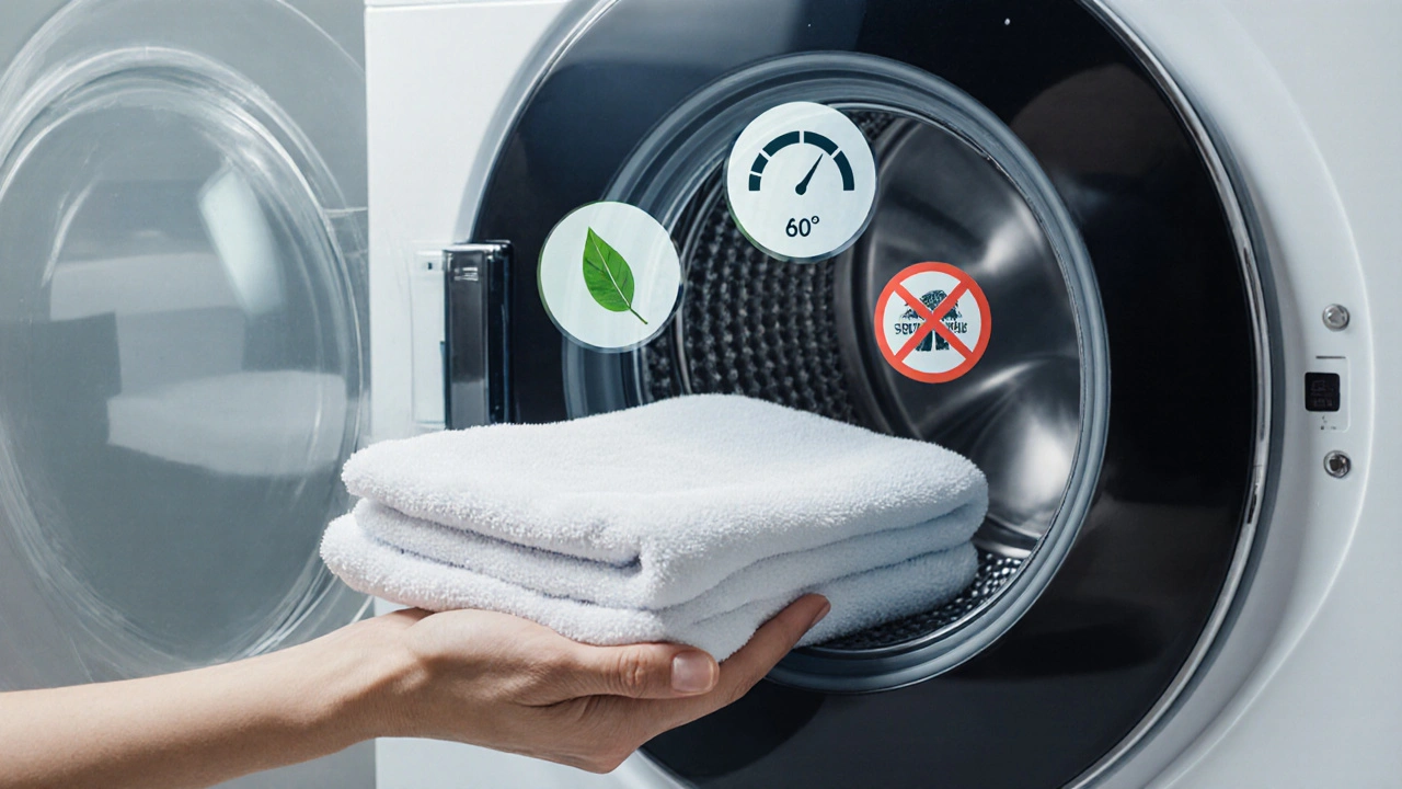 Rukou ukládající recyklovaný ručník do pračky s ikonami udržitelnosti a správné teploty.