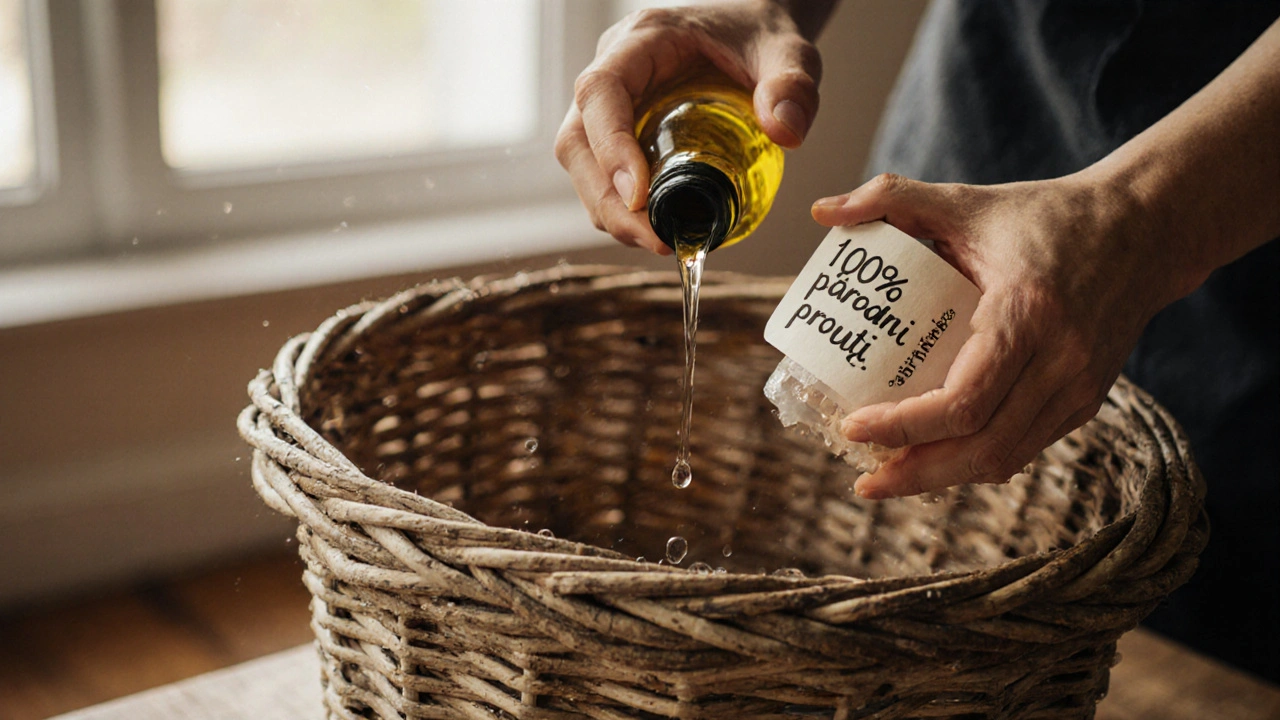 Ruky nalévají přírodní olej na proutěný koš v teplém světle