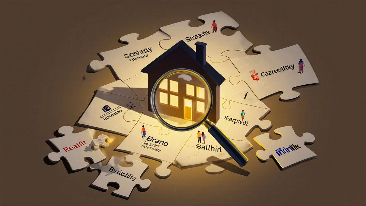 Sestavená skládanka tvaru domu z realitních portálů, zbylé kousky leží v stínu.