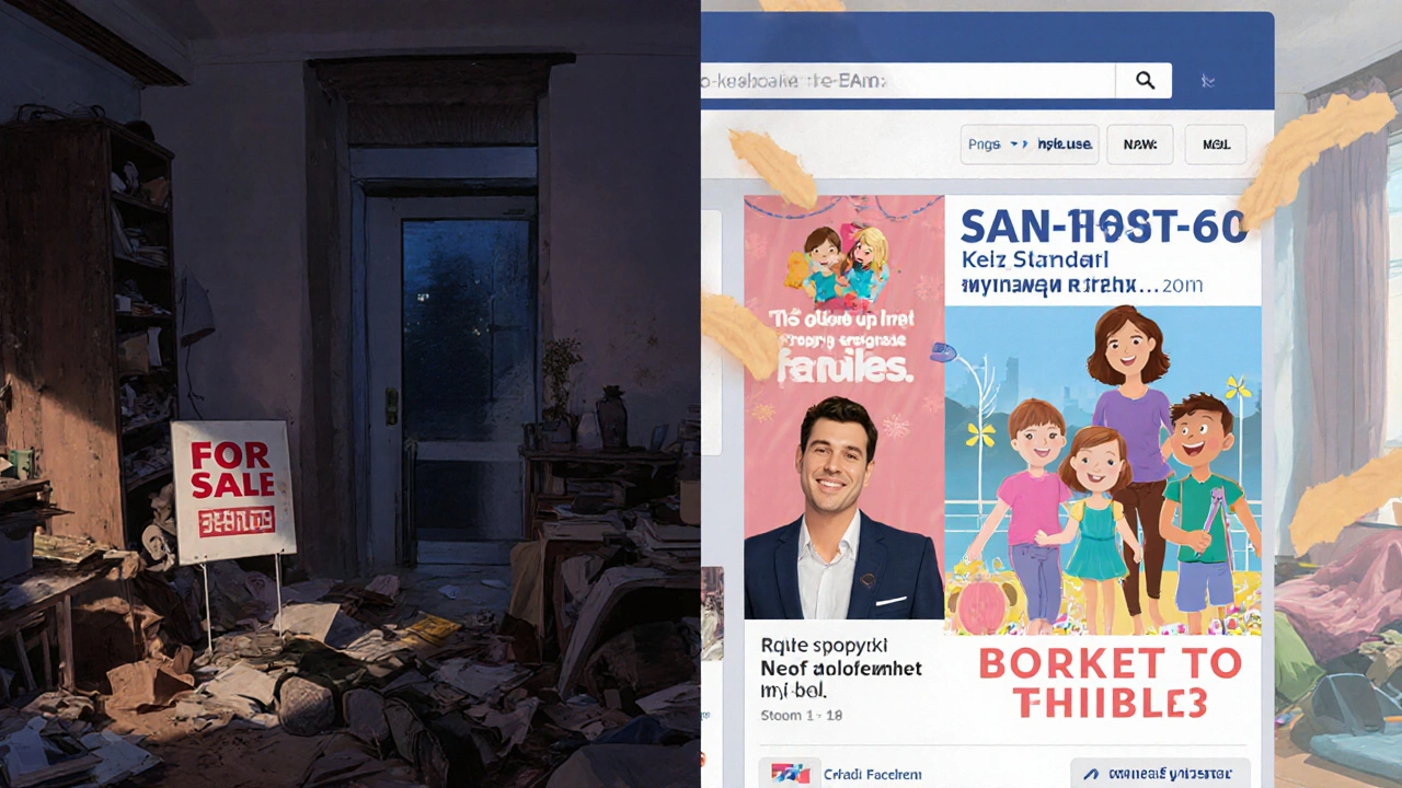 Side-by-side comparison of a neglected apartment versus a professionally staged one with digital ads.