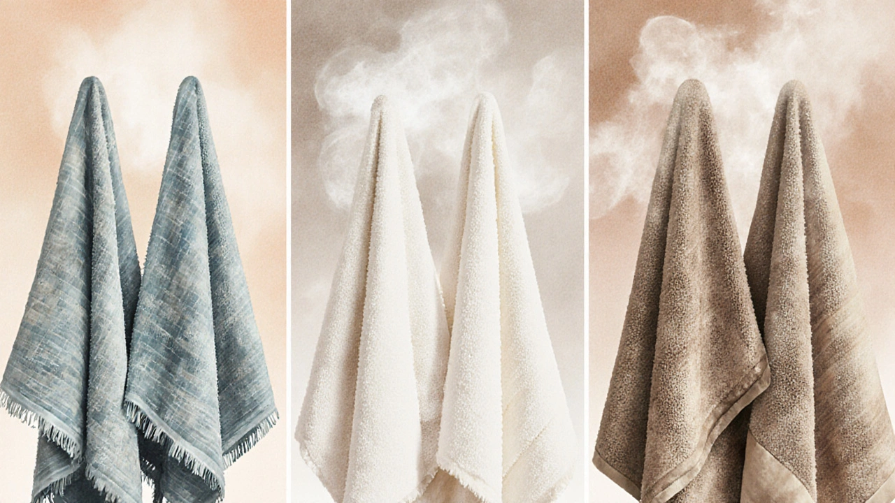 Srovnání tří druhů koupelnových textilií: lehké, střední a těžké gramáže s detaily vláken.