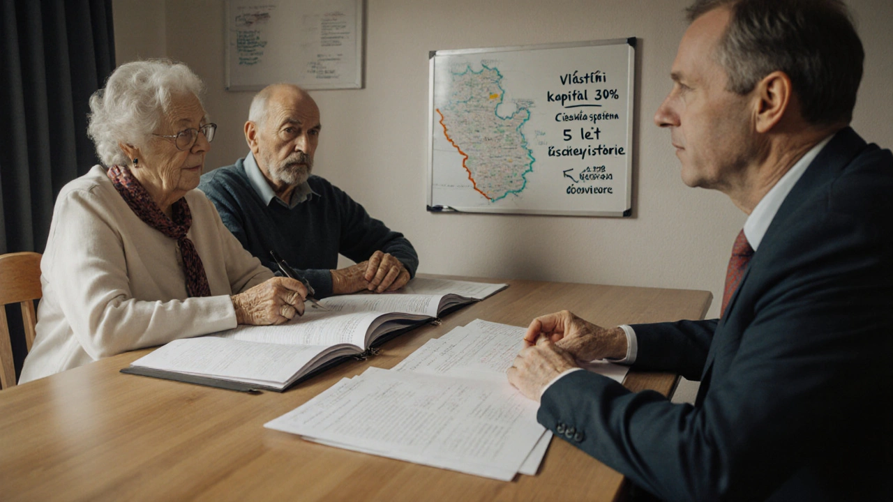 Starší pár spolu s finančním poradcem plánuje zlepšení kreditní historie u kuchyňského stolu.