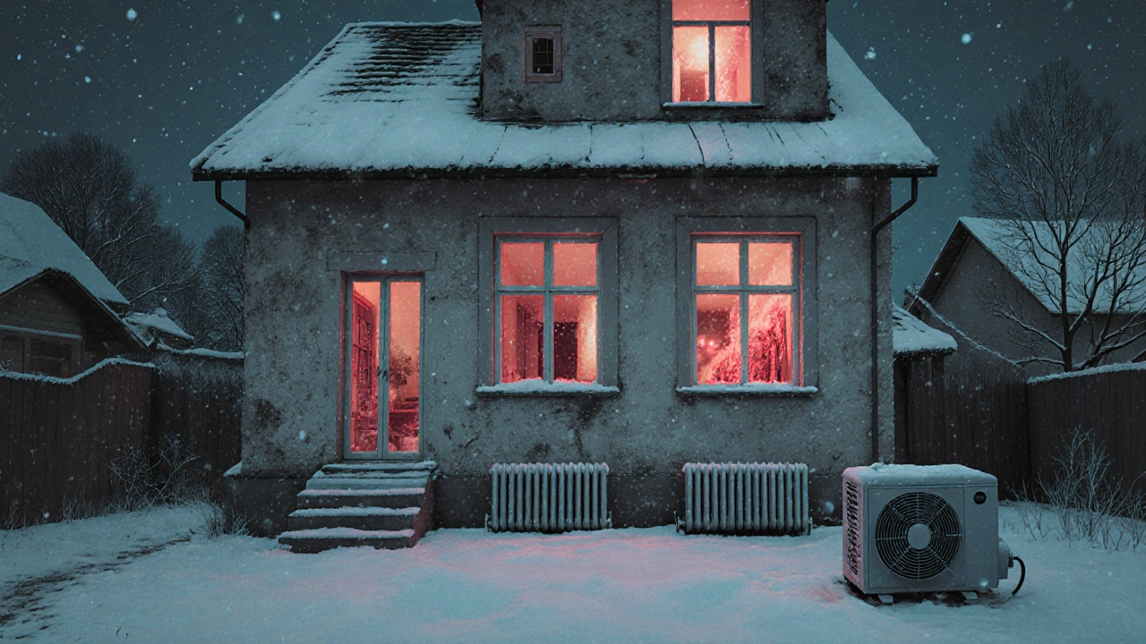 Starý dům s neizolovanými stěnami a vzduch-voda tepelným čerpadlem v mrazivém počasí.