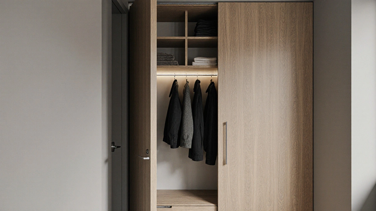 Štíhlá vestavěná skříň v úzkém chodbě s modulárními poličkami a pohybovým osvětlením.