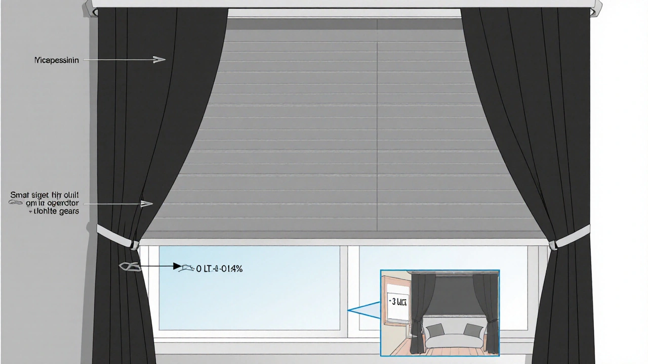 Technický nákres dvojitého systému rolet a závěsů s krycími lištami, které zabraňují průniku světla.