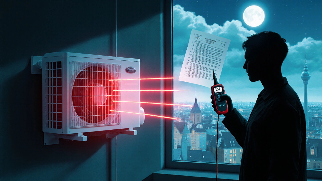 Tepelné čerpadlo při nočním měření překračující nový limit hluku v roce 2025 s červenými varovnými čarami.