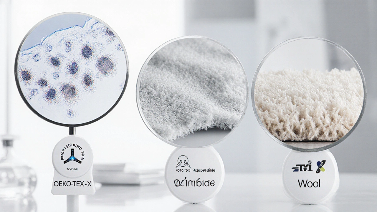 Tři vzorky kobercových materiálů s certifikáty pod mikroskopem, blokující alergény.