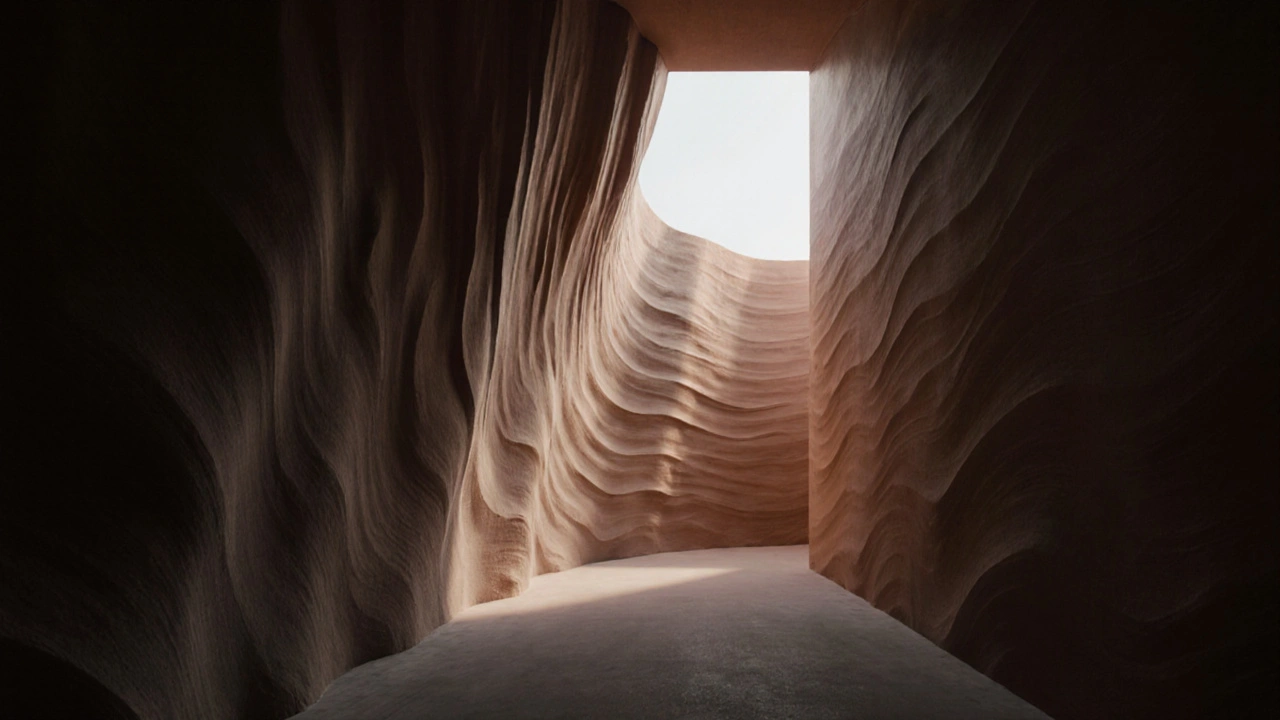 Úzká chodba s přírodními hlíněnými vlnami osvětlenými přirozeným světlem.