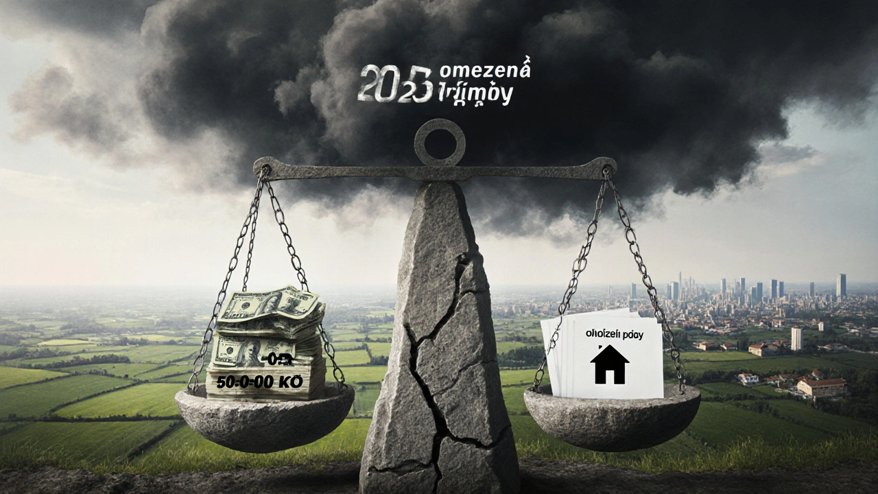 Váha s náklady na přeměnu půdy proti malému domu, pod temným oblakem omezení z roku 2025.