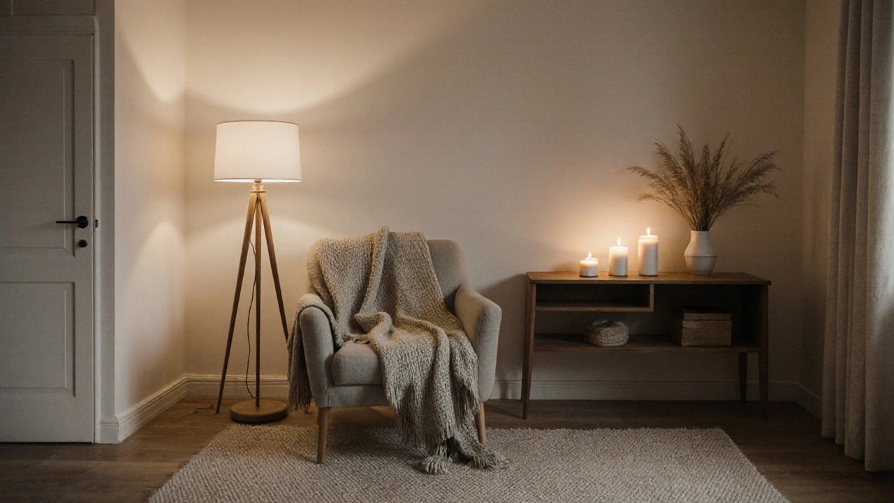 Večerní scéna v obývacím pokoji s teplým osvětlením, svíčkami a textilními polštáři, v klidném, útulném prostředí.