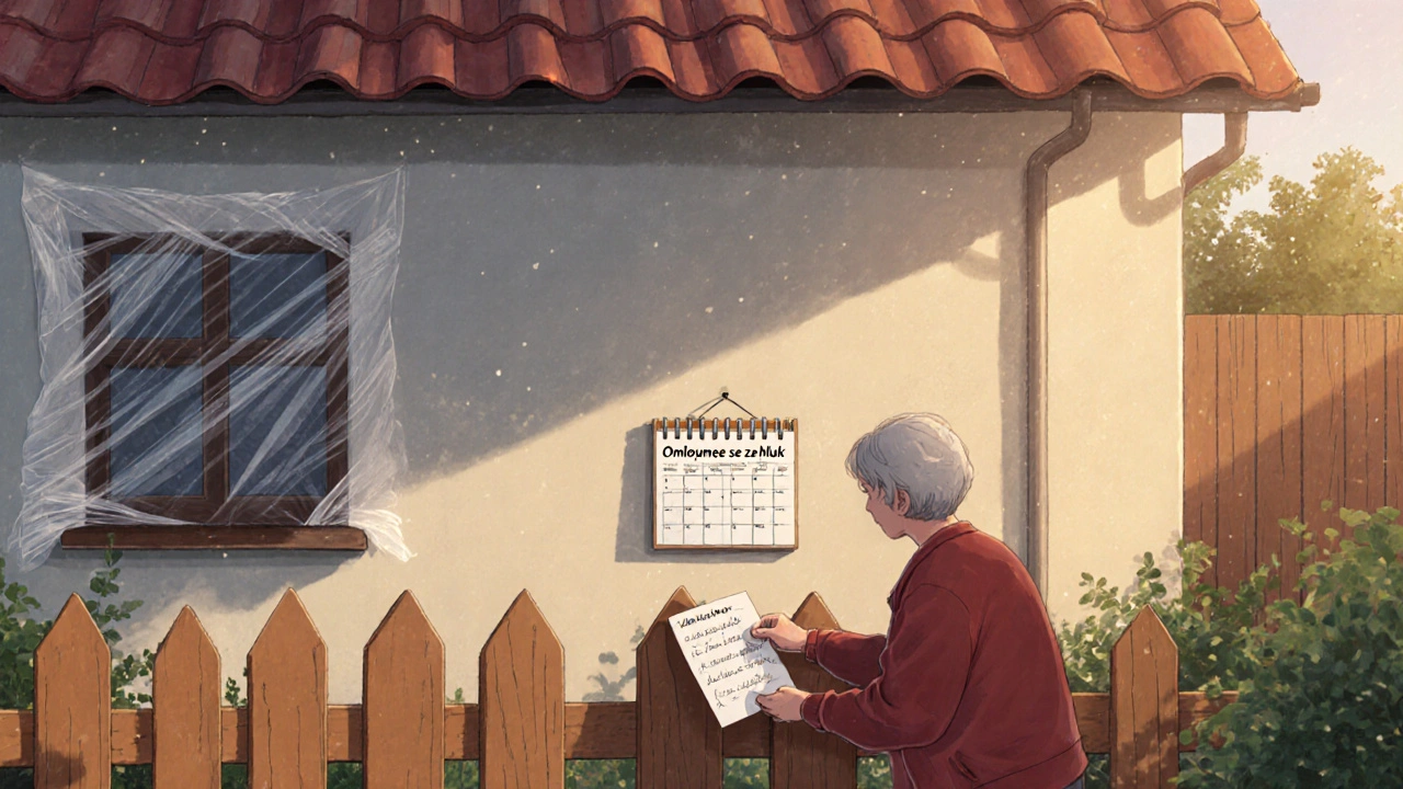 Vlastník domu předává sousedovi písemnou informaci o rekonstrukci s kalendářem a pokrytými okny.
