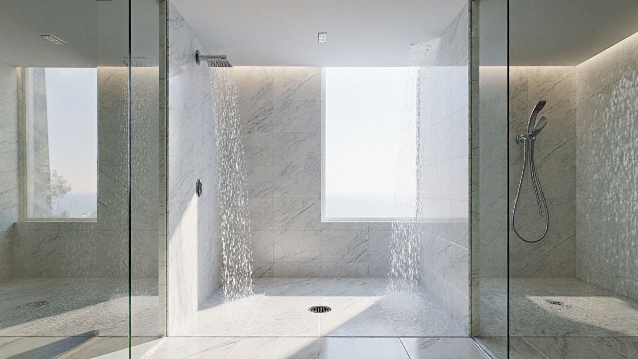 Walk-in sprcha s rovnoměrně nakloněnou podlahou a průhlednými skleněnými panely.