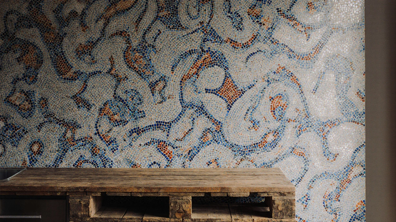 Zeď pokrytá mozaikou z rozbitých dlaždic a stůl z evropských palet v kuchyni.