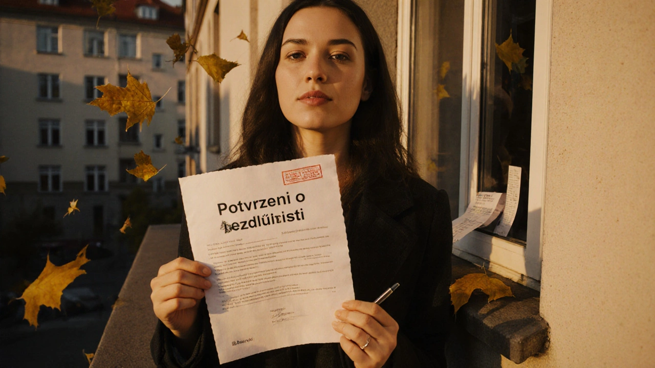 Žena drží potvrzení o bezdlužnosti před bytovým domem.