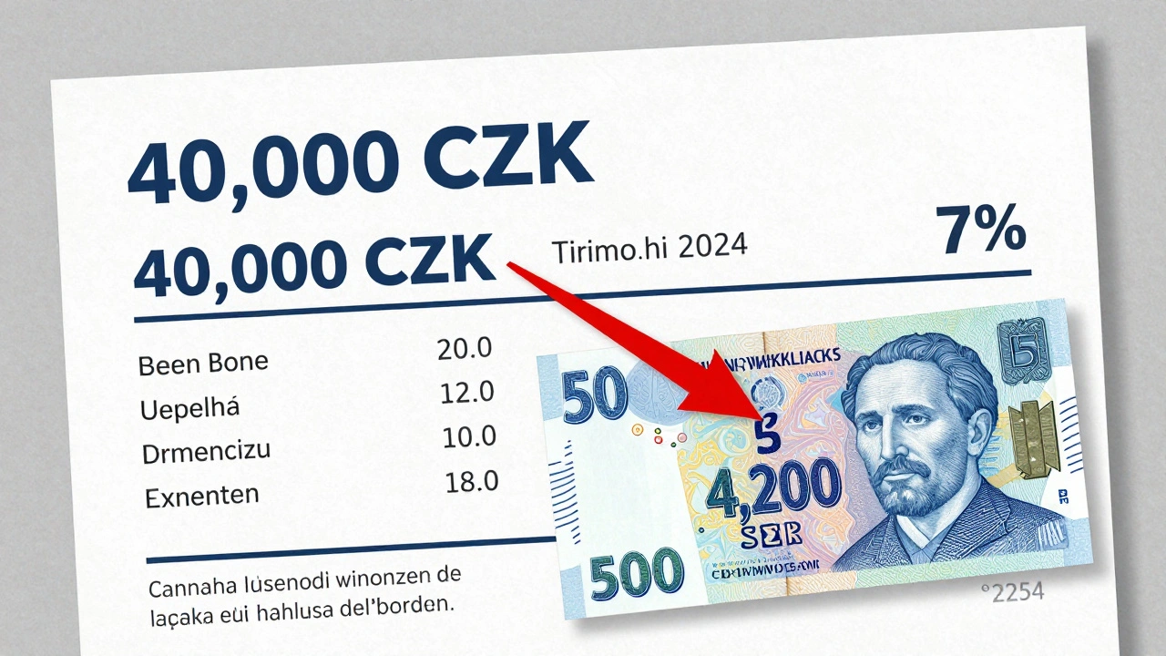 Bankovní výpis ukazující úrok 7 % na kauci 40 000 Kč za 18 měsíců.