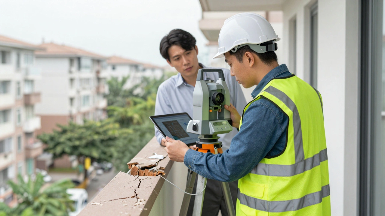 Certifikovaný inspektor používá 3D skener na balkónu, zatímco majitel pozoruje.