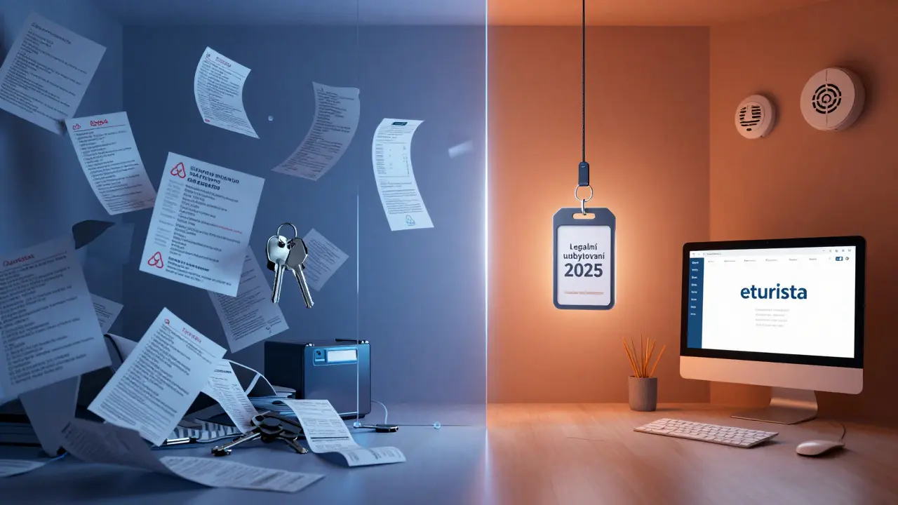 Dvě části scény: chaos nelegálního pronájmu vlevo a řádně registrovaný byt vpravo, oddělené průhlednou hranicí.