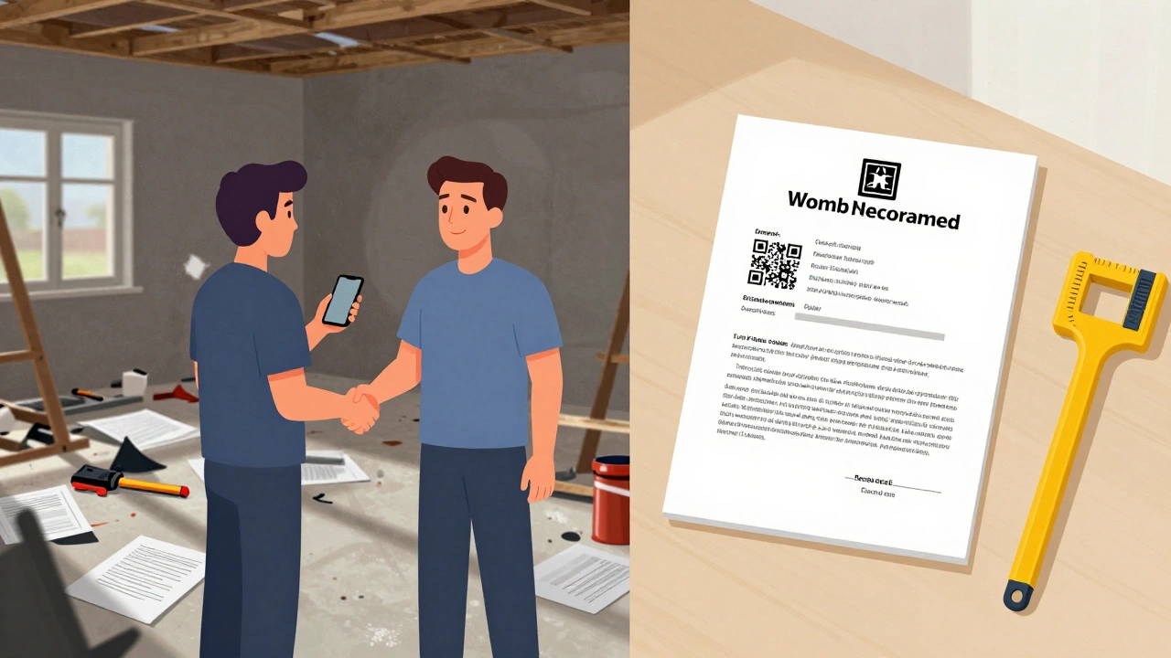 Dvě strany: chaos bez smlouvy vlevo, profesionální rekonstrukce s dokumenty vpravo.