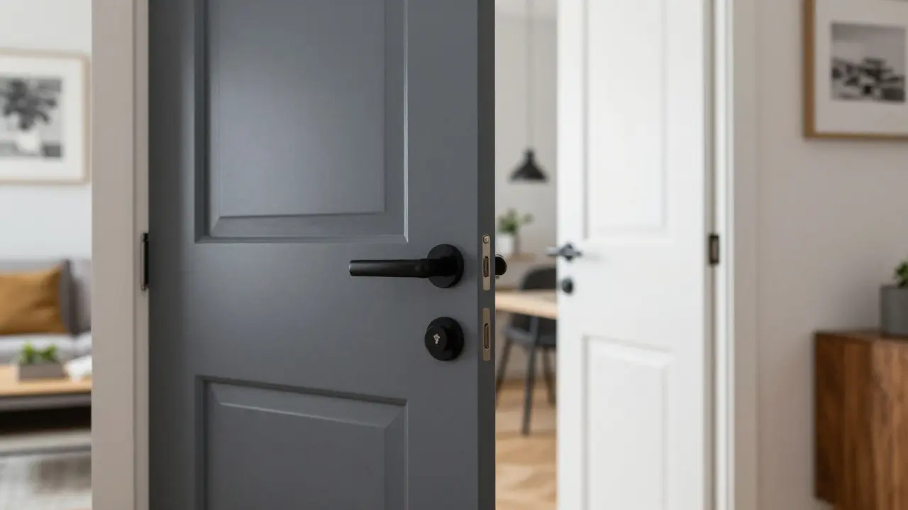 Dvoustranně barevné dveře: jedna strana šedá, druhá bílá, odhalující dva různé styly interiéru.