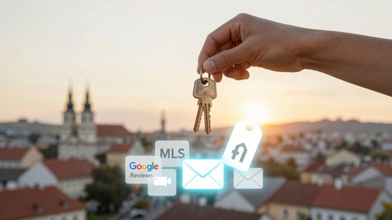 Klíče od domu leží na digitálních ikonách reprezentujících marketing a důvěru.