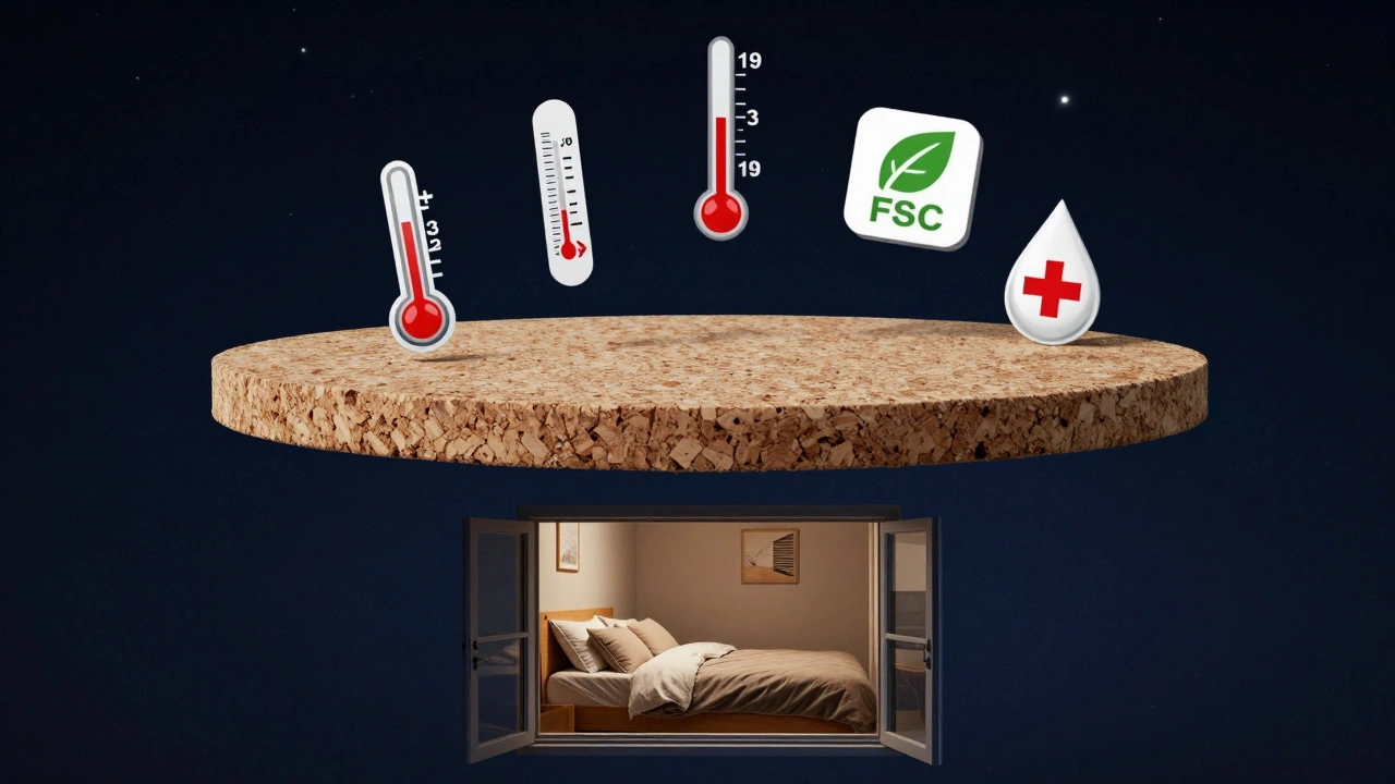 Korková deska jako přírodní ostrov s ikonami tepla, ticha a udržitelnosti nad temnou ložnicí.
