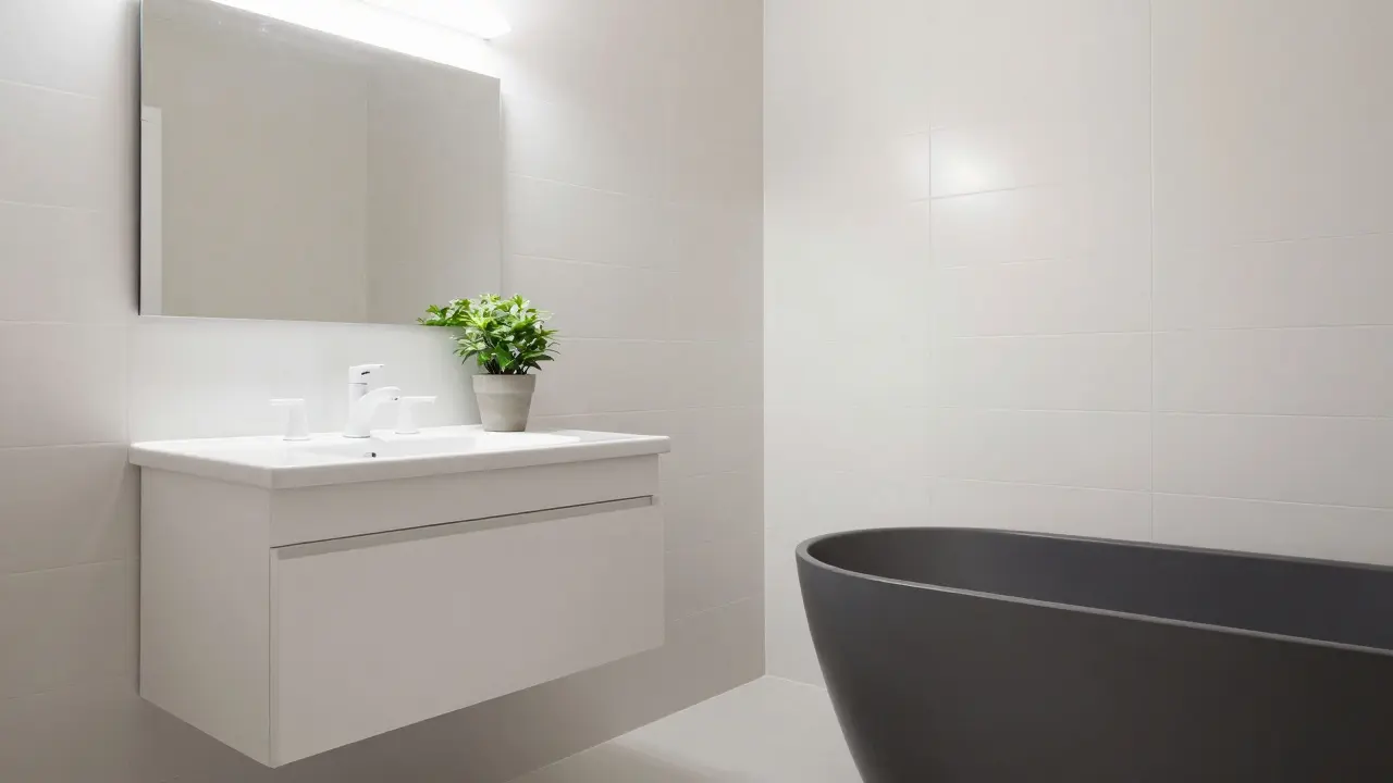 Koupelna s bílými povrchy a černou vanou jako akcentem, odrážející světlo a zdůrazňující prostornost.