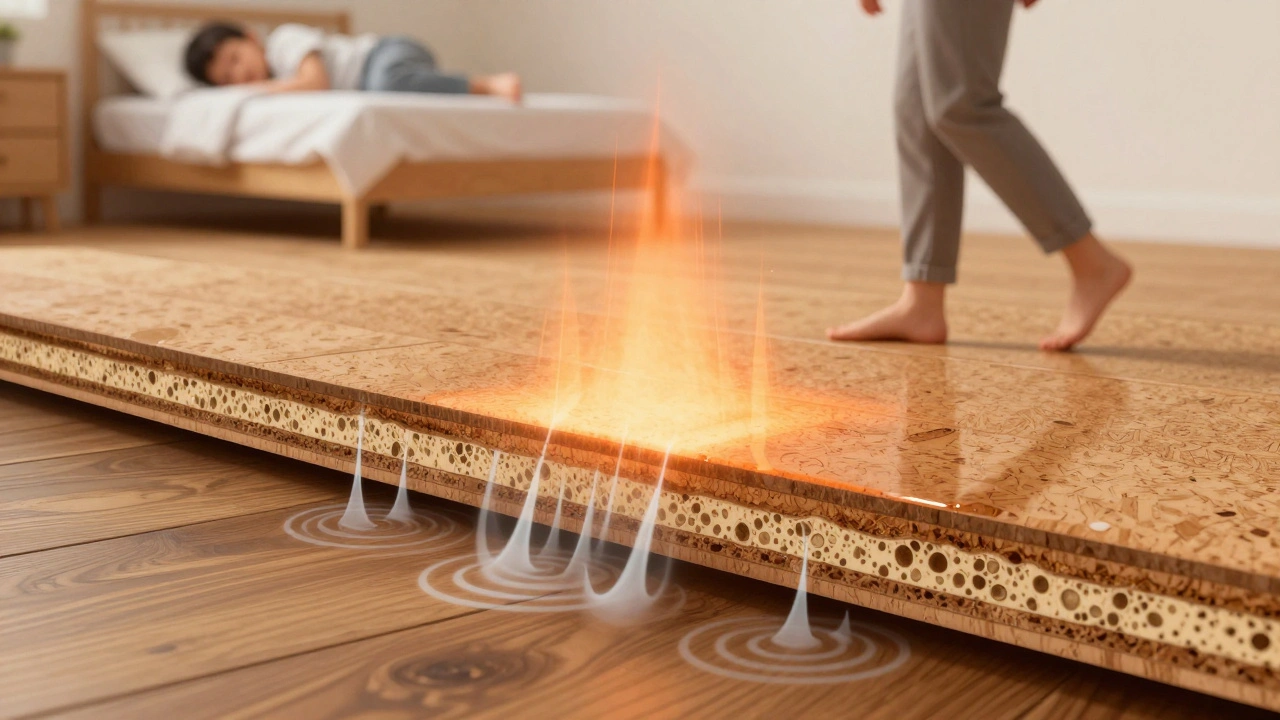 Křížový řez korkové podlahy s viditelným tepelným zářením a tlumenými zvukovými vlnami.