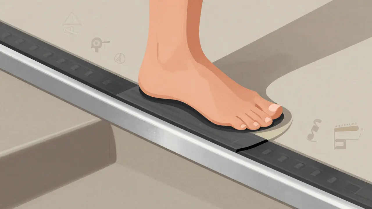 Křížový řez schodové lišty s hliníkem a gumovým protiskluzovým prvkem pod nohou.