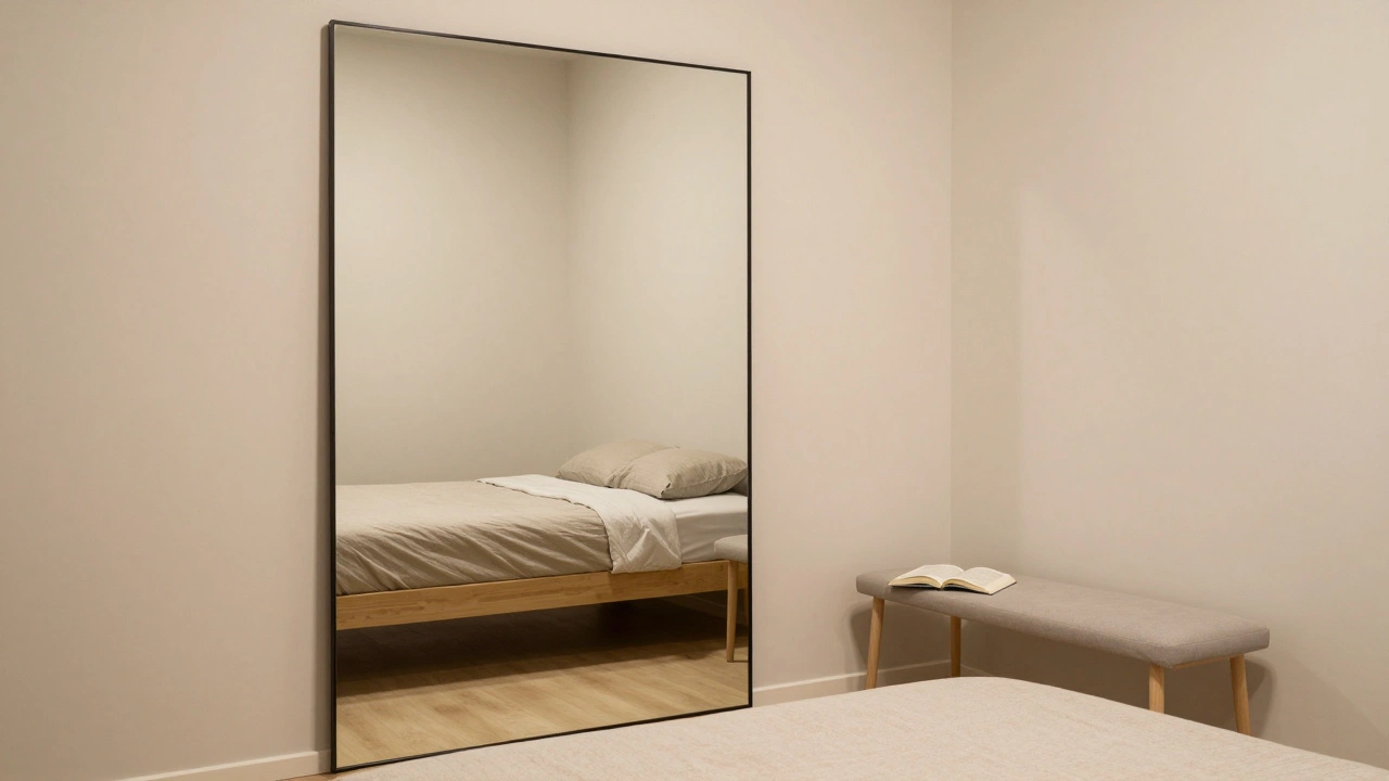 Malý pokoj s velkým zrcadlem, jen jednou postelí a tenkou lavicí, vizuálně rozšířený prostor.