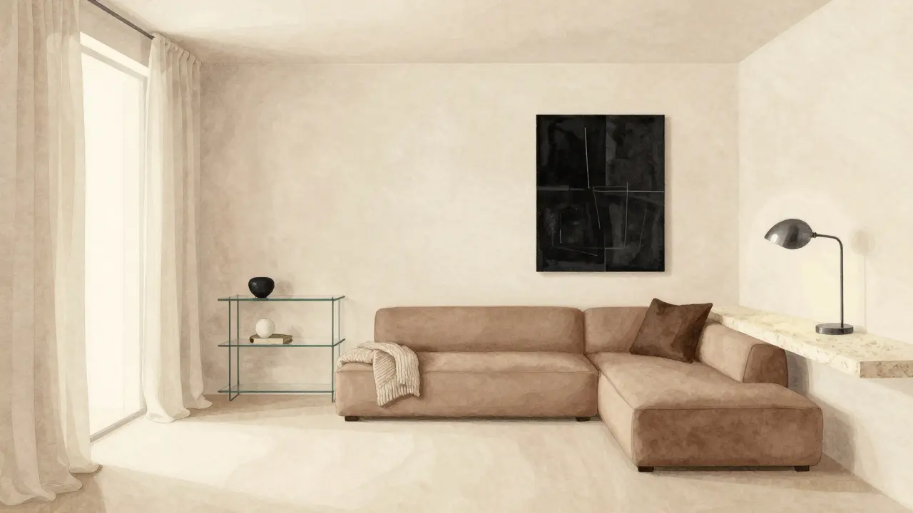 Minimální obývací pokoj s texturami ve stejné barevné rodině, osvětlený teplým světlem pro pocit klidu a hloubky.