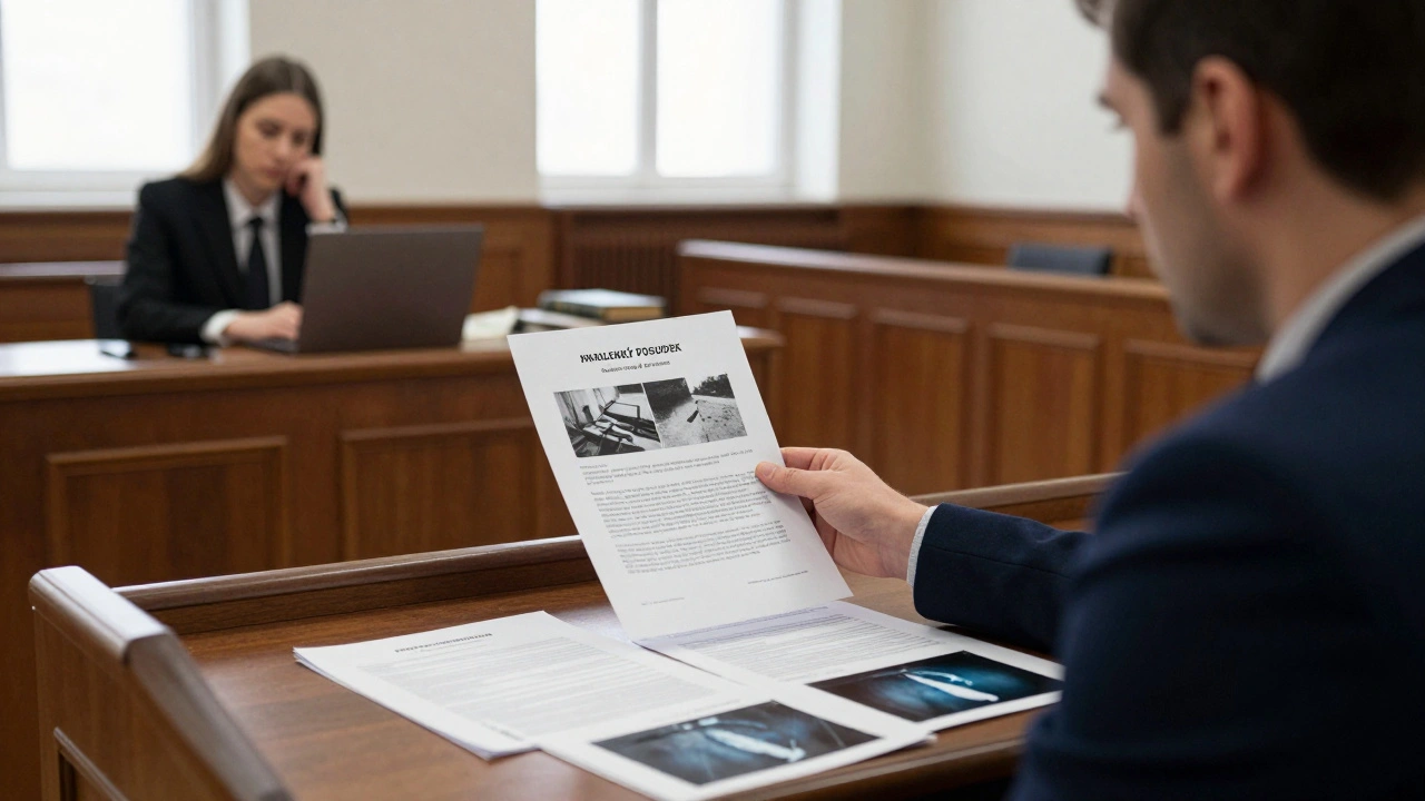 Muž předkládá znalecký posudek s fotografiemi poškození soudci v českém soudu.