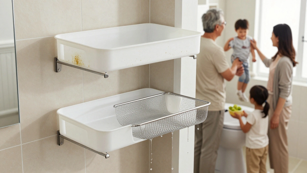 Porovnání mokré, plísňové pevné police a suché, vzdušné drátěné police v koupelně s českou rodinou.