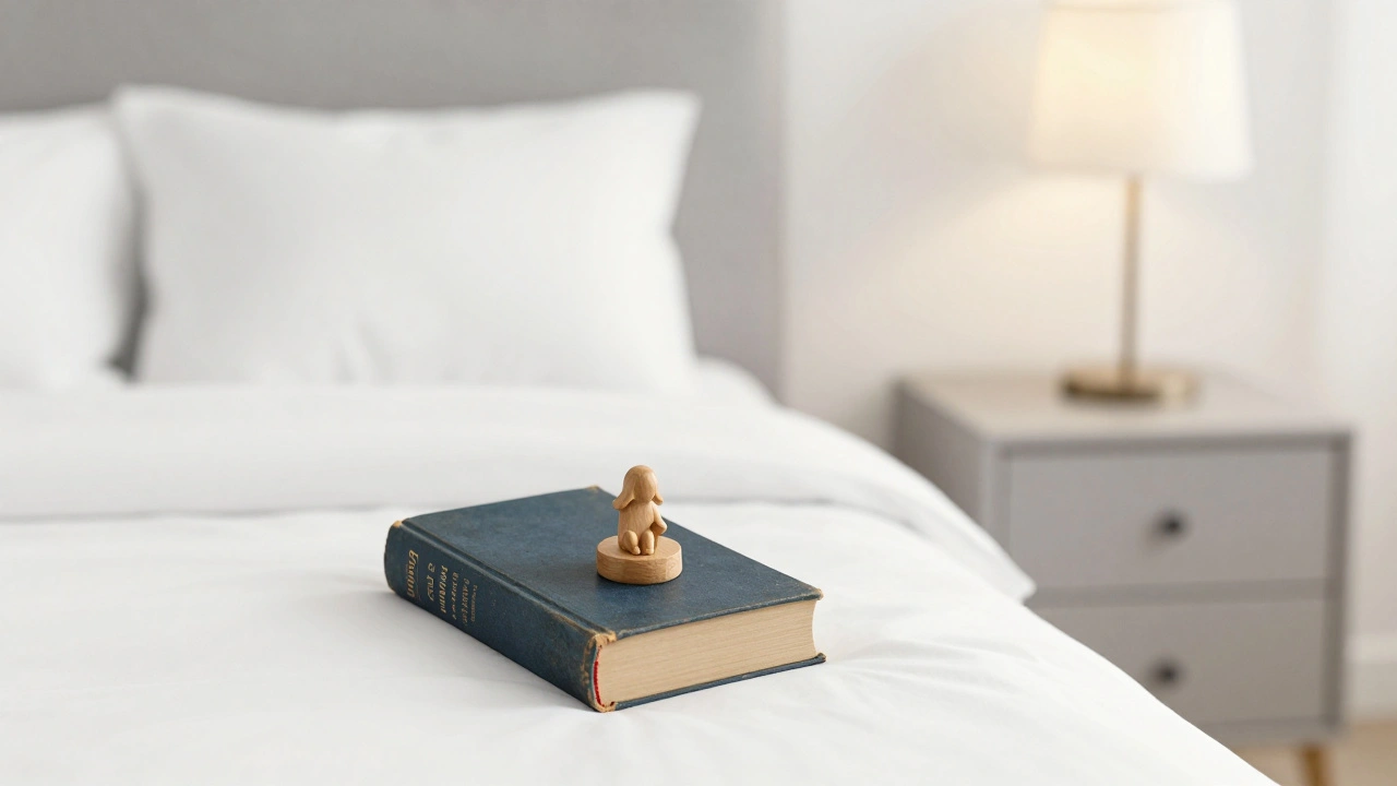 Postel s neutrálními textiliemi a jedním autentickým detailem — knihou a dřevěným kouskem — na nočním stolku.