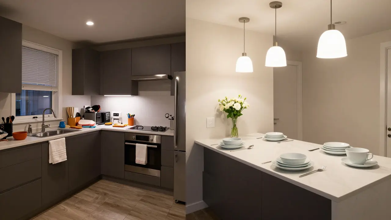 Před a po: zaneprázdněná kuchyně versus profesionálně zařízená kuchyně po homestagingu.