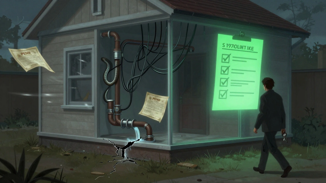 Průhledný dům s viditelnými starými instalacemi a neplatným PENB.