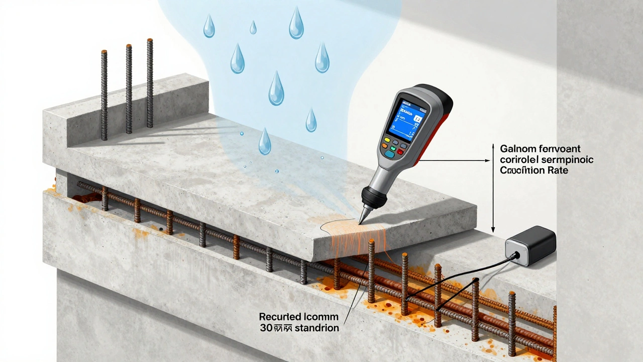 Průřez balkónu ukazující příliš tenkou krycí vrstvu betonu a korozi výztuže s měřícími přístroji.