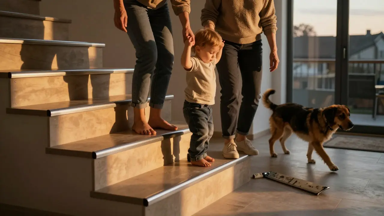 Rodina bezpečně sestupuje po schodech s ochrannými lištami, zatímco stará lišta leží na zemi.