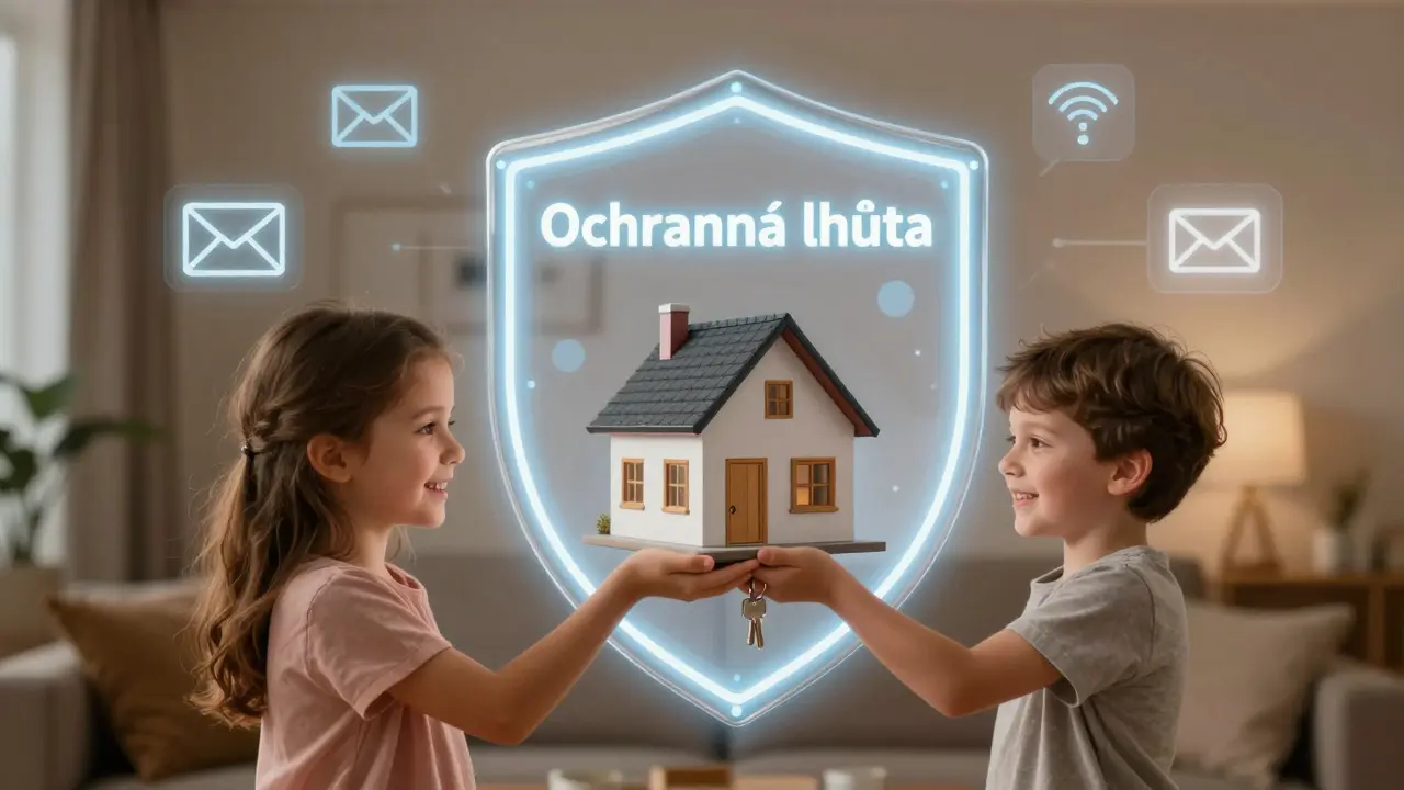 Rodina předává klíče k domu, zatímco kolem nich svítí ochranný štít ochranné lhůty.