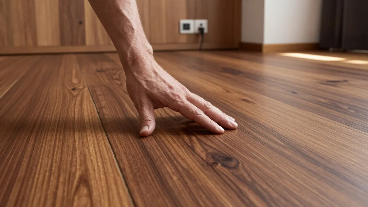 Ruka se dotýká staré dřevěné podlahy s bohatou patinou a teplým světlem.