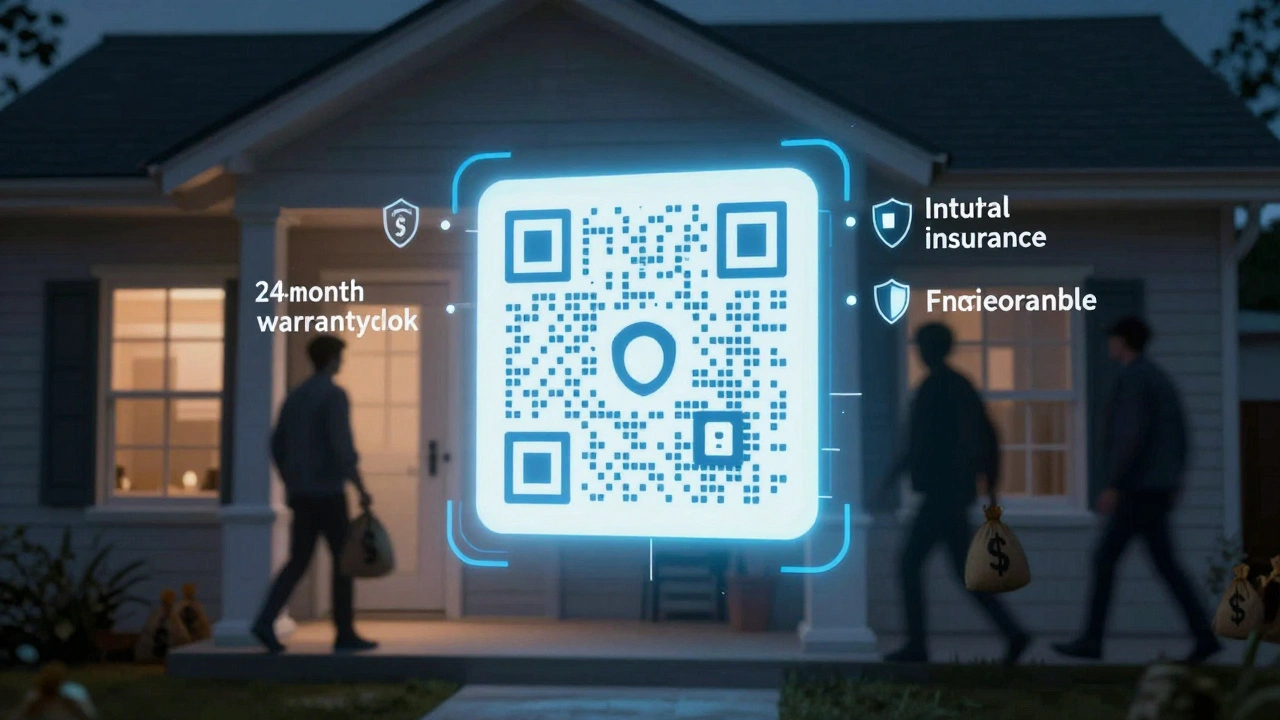 Svítící QR kód nad domem zobrazuje záruku, pojištění a živnostenské oprávnění.