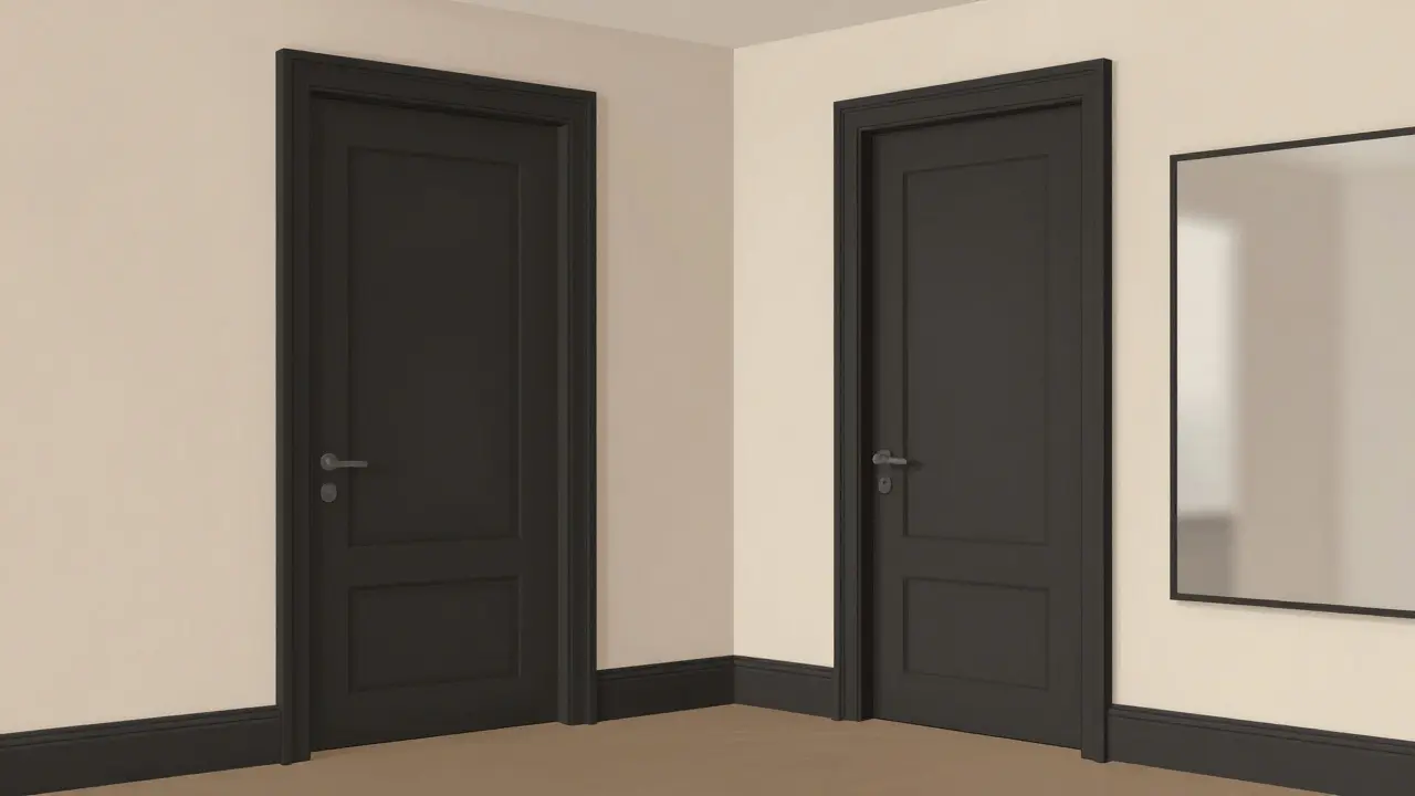 Tmavé dveře s odpovídajícími zárubněmi v prostorném obývacím pokoji s teplým osvětlením.