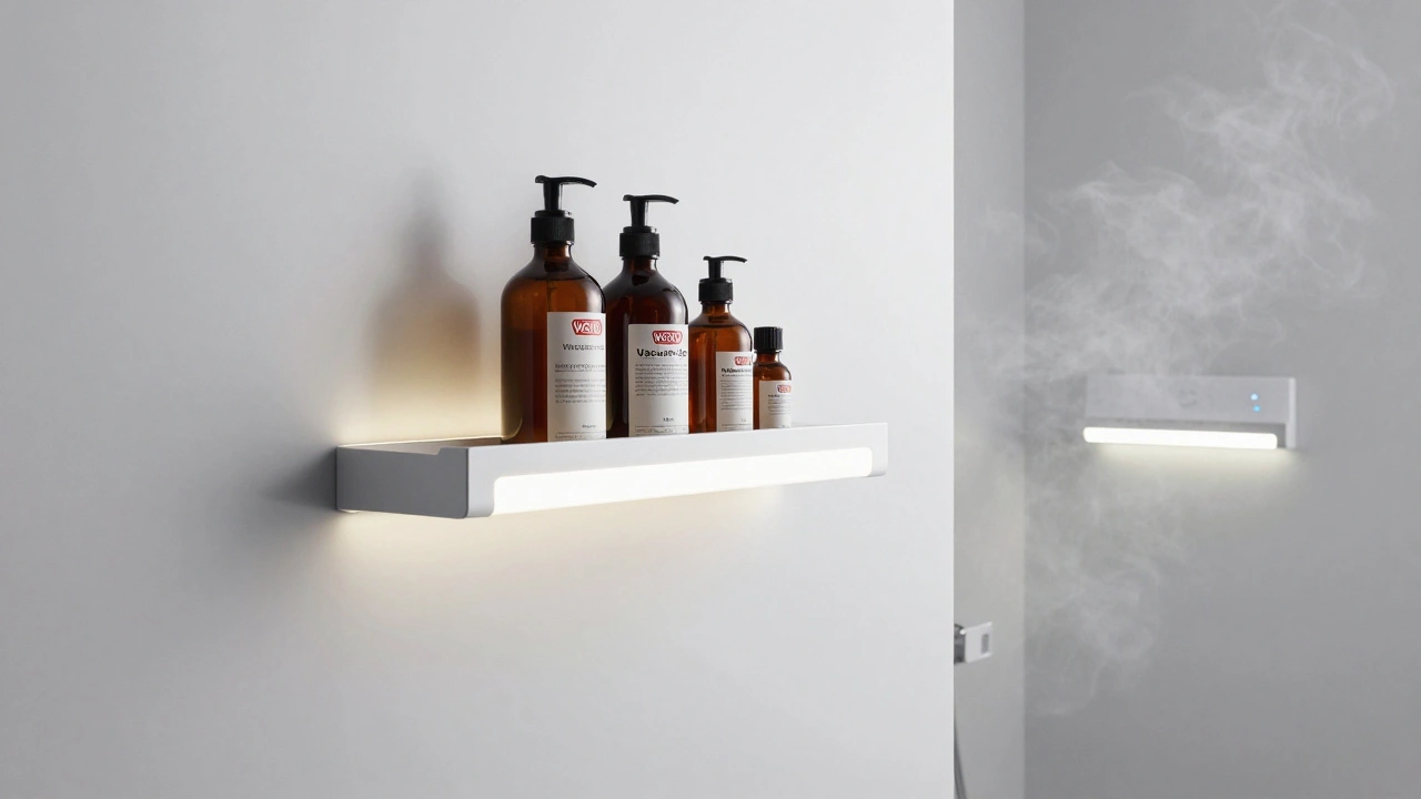 Vakuumová police přilepená ke keramice s LED osvětlením a chytrou policií na pozadí v moderní české koupelně.