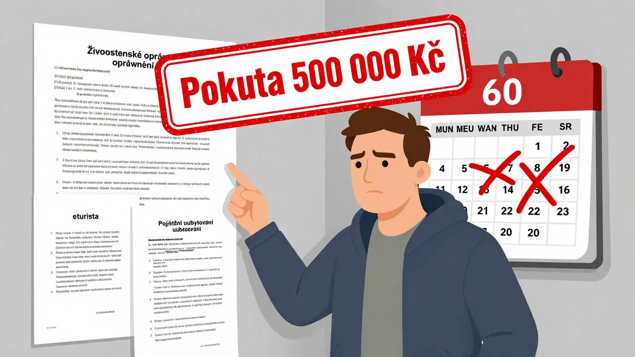 Vlastník s právními dokumenty a červenou pokutou 500 000 Kč, zatímco kalendář ukazuje jen 60 dnů povoleného pronájmu.