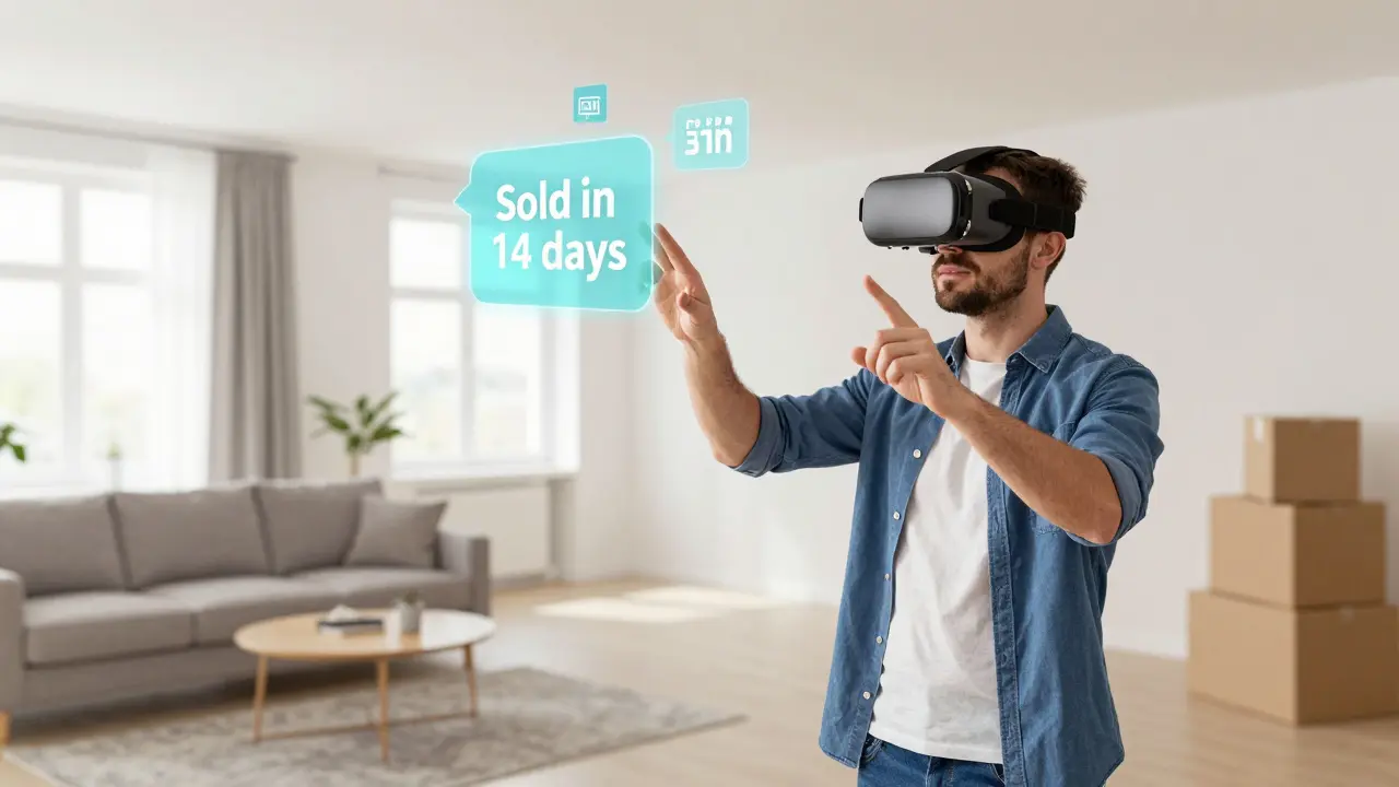 Zákazník ve VR headsetu prochází virtuálně zařízeným bytem, zatímco skutečný prostor je prázdný.