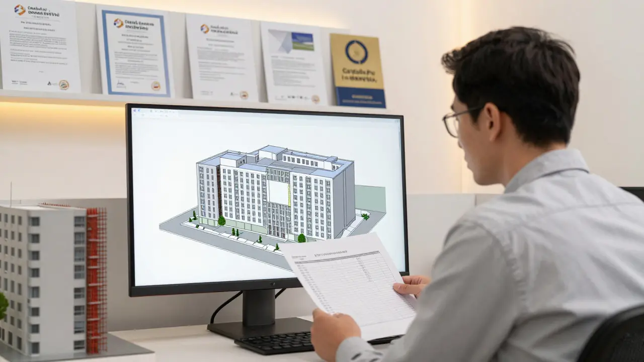 Autorizovaný stavební inženýr kontroluje statický posudek na monitoru v kanceláři.