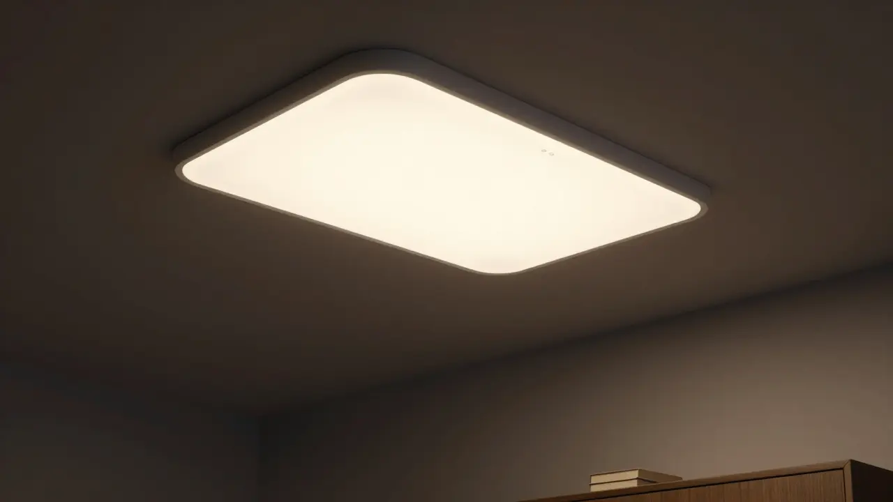 Chytrý stropní panel v ložnici, který mění barvu světla podle dne a reaguje na pohyb.