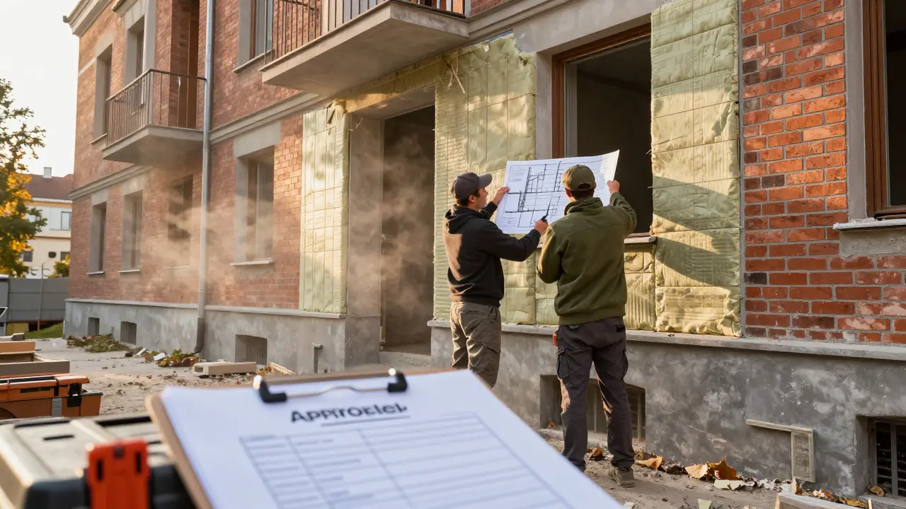 Dělníci instalují tepelnou izolaci na fasádu panelového domu, supervisor porovnává výkres s realitou.
