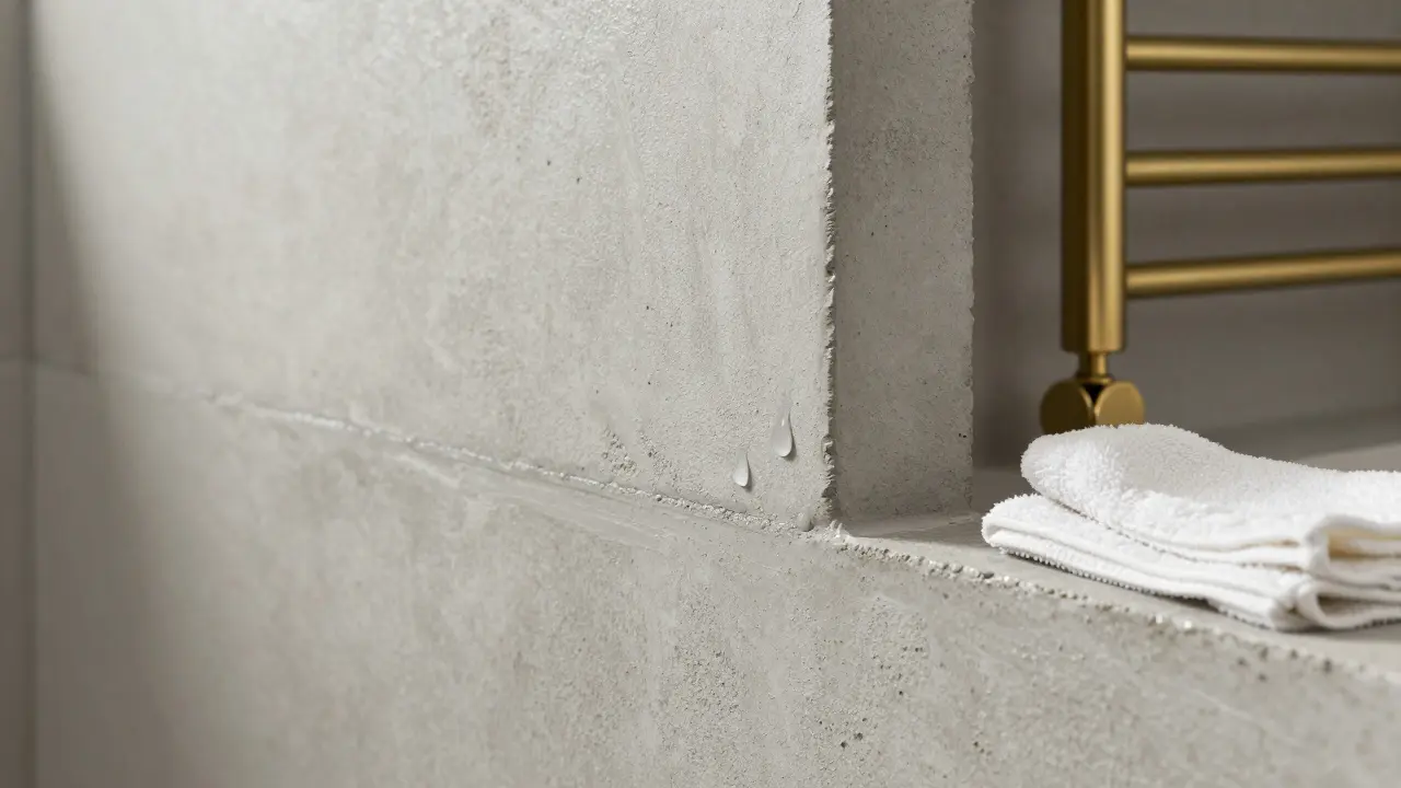 Detail betonové stěrky v koupelně s kapkou vody a hadříkem, bez švů a dlaždic.