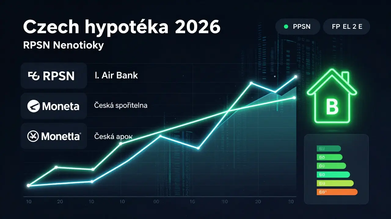 Digitální dashboard s porovnáním hypoték v ČR v roce 2026 s ukazateli RPSN a energetické třídy.